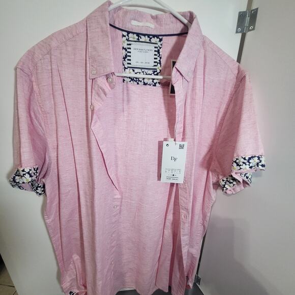 Denim & Flowers, pink, men's, relaxed button up, flower sleeve trim, new - Picture 2 of 7